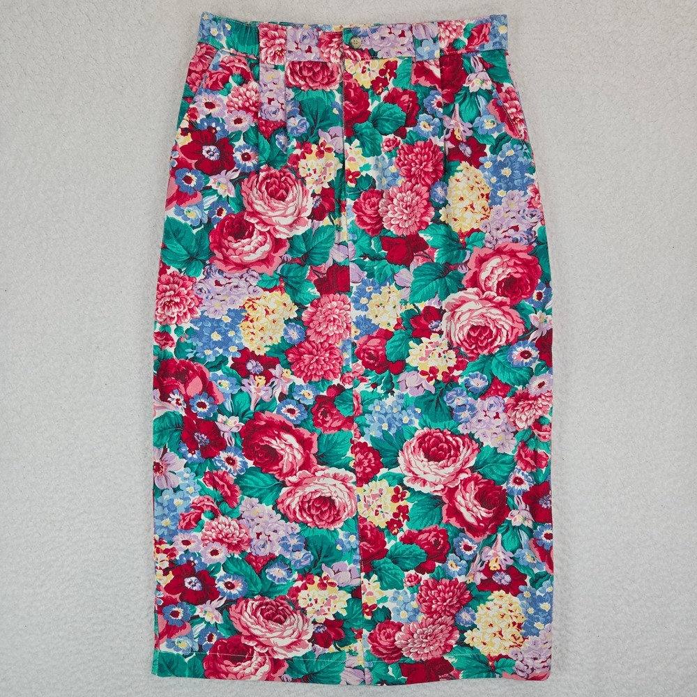 Vintage Willowbend Floral Denim Midi Skirt 14 Cotton Cottagecore Grandmacore